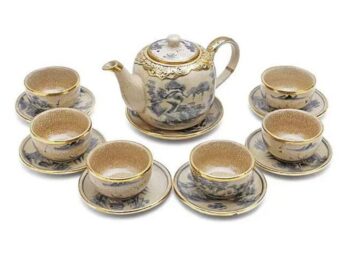 Bộ Ấm Chén Men Rạn Dáng Vại Bọc Đồng Vẽ Sơn Thuỷ