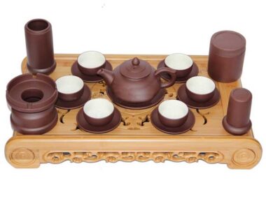 Bộ Ấm Chén Tử Sa Dáng Chóp Men Nâu Lòng Trắng Full Phụ Kiện Và Khay