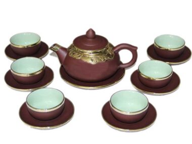 Bộ ấm tử sa bát tràng Chóp Xanh Bọc Đồng Bạch Full PK