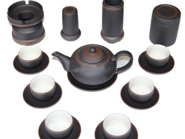 Bộ Ấm Chén Tử Sa Chỉ Bạc Men Nâu Lòng Trắng - Đầy Đủ Phụ Kiện