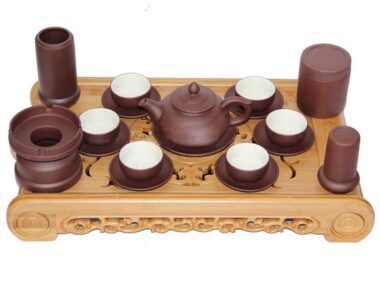 Bộ Ấm Chén Tử Sa Dáng Chóp - Men Nâu - Lòng Trắng - Đầy Đủ Phụ Kiện Và Khay