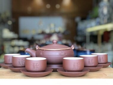 Bộ Ấm Trà Tử Sa Bát Tràng Miệng Rộng Quai Đồng PLT