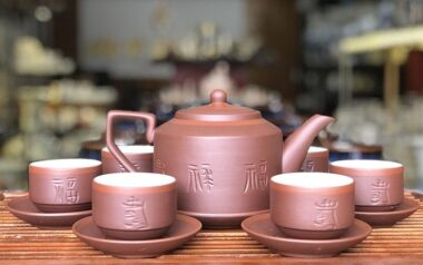 Bộ Ấm Trà Tử Sa Bát Tràng Tích PLT Nâu Chỉ Đỏ