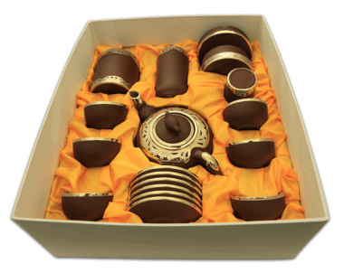 Bộ Ấm Trà Tử Sa Bát Tràng Trúc Đào Nâu Bọc Đồng Full PK