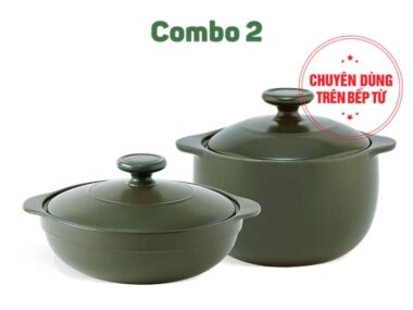 Combo Sinh Nhật Nồi sứ dưỡng sinh 2 – Luna 2.0 L + Vesta 3.0 L (CK) (bếp từ) + nắp – HealthyCook – Xanh rêu