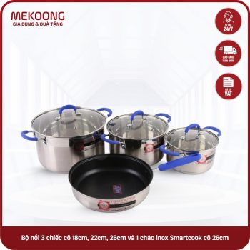 Bộ nồi 3 chiếc cỡ 18cm, 22cm, 26cm và 1 chảo inox Smartcook cỡ 26cm SM1497