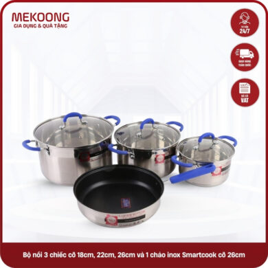 Bo noi 3 chiec co 18cm 22cm 26cm va 1 chao inox Smartcook co 26cm SM1497 Bộ nồi 3 chiếc cỡ 18cm, 22cm, 26cm và 1 chảo inox Smartcook cỡ 26cm SM1497 Top Nồi Chảo Nhà Mới Giá Sỉ Cho Bếp & Dự Án