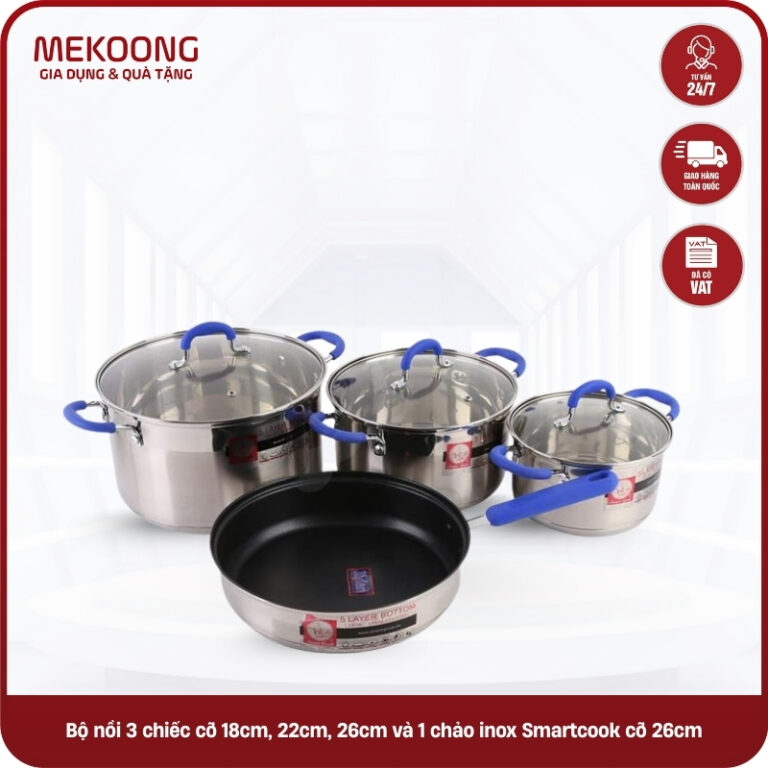 Bộ nồi 3 chiếc cỡ 18cm, 22cm, 26cm và 1 chảo inox Smartcook cỡ 26cm SM1497 Top Nồi Chảo Nhà Mới Giá Sỉ Cho Bếp & Dự Án