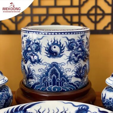 Bát Hương Lưỡng Long Chầu Nguyệt Men Lam Nổi Tiên Cảnh -1