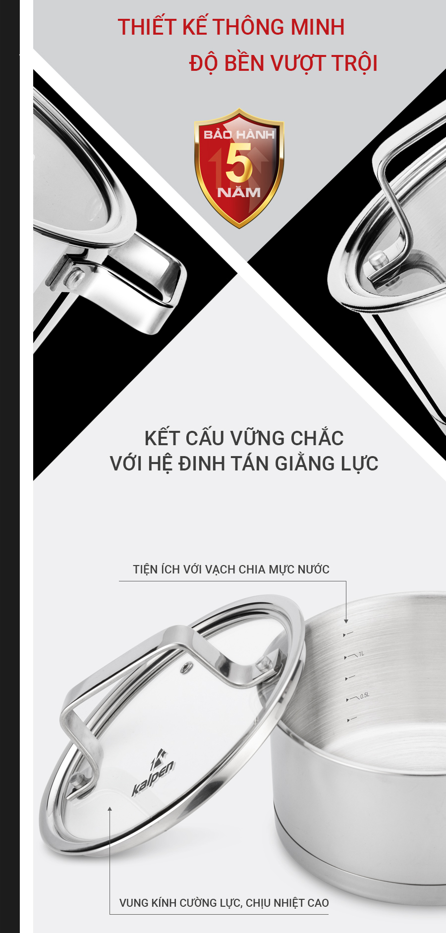 Bộ Nồi Inox 304 Cao Cấp 5 Đáy Kalpen Gliter KP-3568