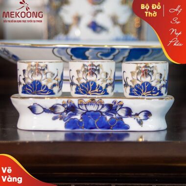 Bộ Đồ Thờ Hỷ Sự Nạp Phúc Men Lam Vẽ Vàng