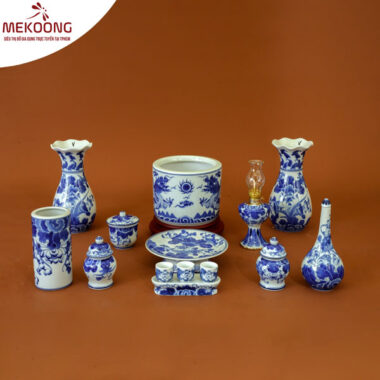 Bộ Đồ Thờ Gia Tiên Men Lam Bát Tràng Phúc Đức 08