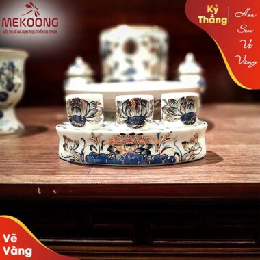 Bộ Kỷ Thẳng 3 Chén Hoa Sen Vẽ Vàng Phúc Đức