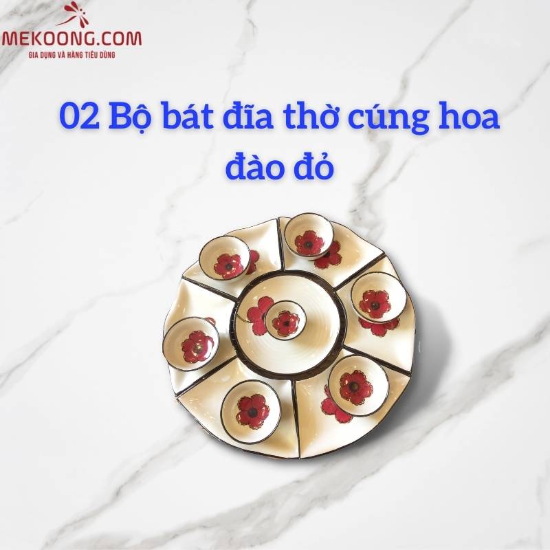 02 Bộ bát đĩa thờ cúng hoa đào đỏ