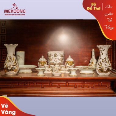 Bộ Đồ Thờ Men Rạn An Lộc Vẽ Vàng Nền Trắng