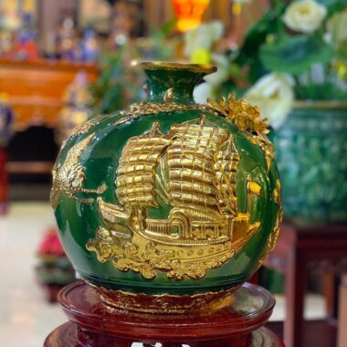 Bình hút lộc Thuận buồm xuôi gió ngọc lục bảo Trần Độ dát vàng