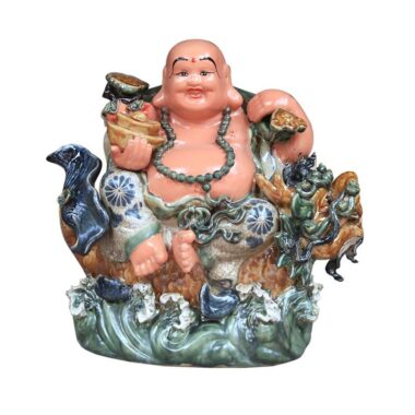 Tượng Gốm Di Lặc Cưỡi Cá Chép Hóa Rồng - Men Rạn Cổ - Bát Tràng | Mekoong