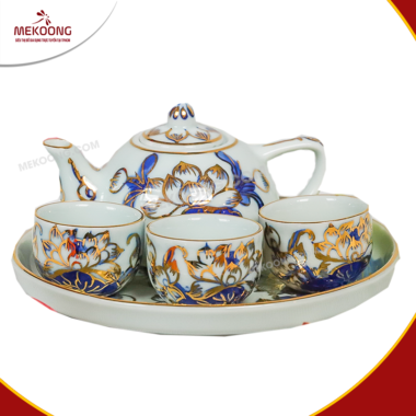 Bộ Chén Thờ Men Lam Vẽ Vàng