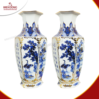 Lọ Hoa Cổ Vuông Men Lam Vẽ Vàng