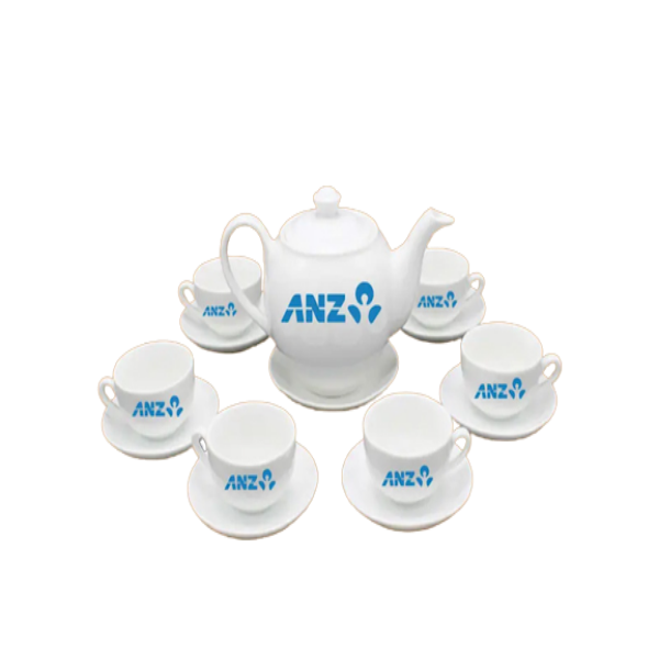 Bộ Ấm Chén Bát Tràng In Logo ANZ Bank Battrangfamily Quà Tri Ân