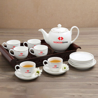 Bộ Ấm Trà Sứ Minh Châu Kẻ Viền Vàng in logo Techcombank HG