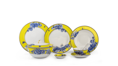 Bộ đồ ăn 06 người Âu Á 45 sản phẩm - Sago - Mẫu Đơn Vàng Quà Tặng Gốm Sứ