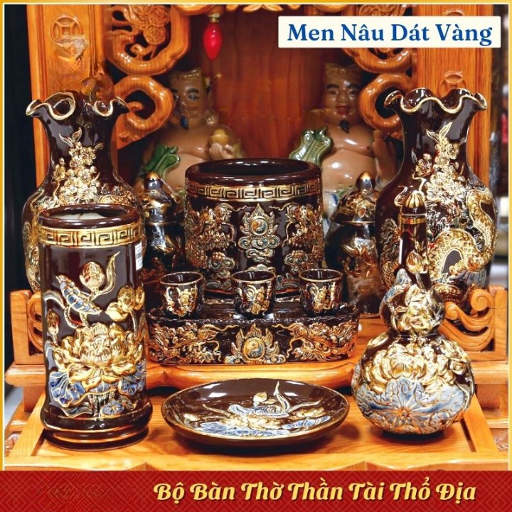 Bộ Bàn Thờ Thần Tài Ông Địa Men Nâu Dát Vàng – Gốm Sứ Bát Tràng