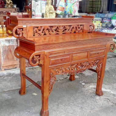 Bàn Cúng 2 Tầng Tay Cuốn gỗ Tràm Bông Vàng