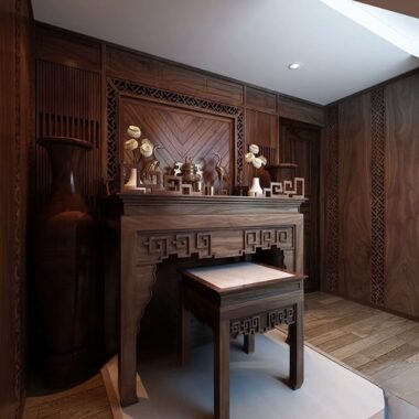 Bàn thờ gỗ óc chó thiết kế nổi bật chuẩn phong thủy