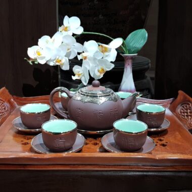 Bộ Ấm Trà Bát Tràng Tống PLT Nâu Bọc Đồng Bạch