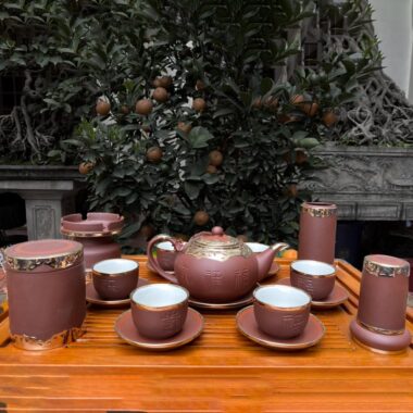 Bộ Ấm Trà Bát Tràng Tống PLT Nâu Bọc Đồng Bạch Full Phụ Kiện 1