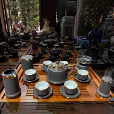 Bộ Ấm Trà Tử Sa Bát Tràng Tích PLT Xanh Bọc Đồng Bạch Full Phụ Kiện