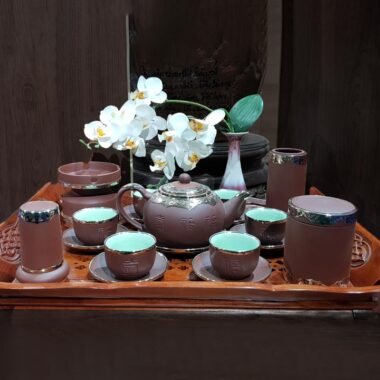 Bộ Ấm Trà Tử Sa Bát Tràng Tống PLT Nâu Bọc Đồng Bạch Full Phụ Kiện