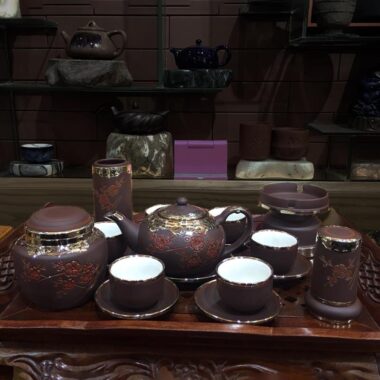 Bộ trà tử sa Tống Bát Tràng Hoa Đào Bọc Đồng Bạch Full Phụ Kiện