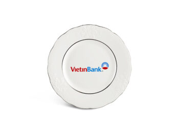 Đĩa Sứ Trắng Minh Long quà tặng Đài Các – Chỉ Bạch Kim 20cm In Logo quà tặng Vietinbank HG