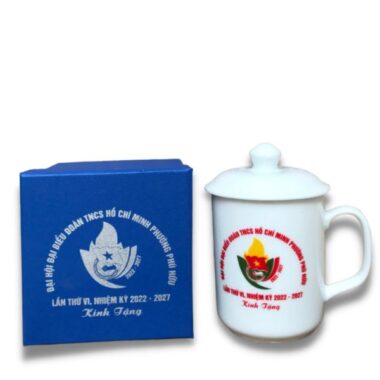 Ly sứ trắng Bát Tràng có nắp in logo Đoàn  HG