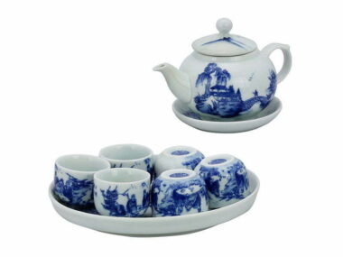 Bộ Ấm Chén Bát Tràng Men Lam Dạng Bưởi Khay Vẽ Phong Cảnh