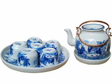 Bộ Ấm Chén Bát Tràng Men Lam Lõm Trúc Lâm Thất Hiền