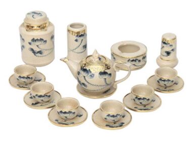 Bộ Ấm Chén Bát Tràng Men Rạn Vẽ Hoa Sen Bọc Đồng Nghệ Nhân Đầy Đủ Phụ Kiện