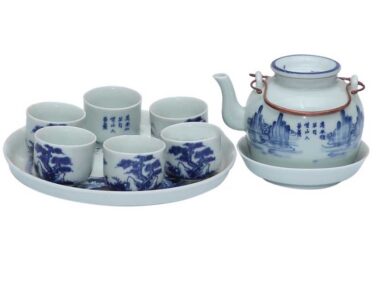 Quà tặng Bộ Ấm Chén Bát Tràng Men Lam Cổ 3 Bát Tràng