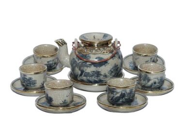 Quà tặng Bộ Ấm Chén Bát Tràng – Men Rạn Cổ Bọc Đồng 2