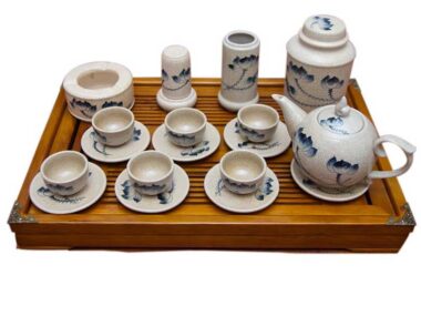 Bộ Ấm Chén Bát Tràng Men Rạn Vẽ Hoa Sen Phụ Kiện Và Khay