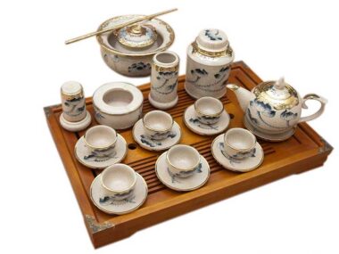 Bộ Ấm Chén Bát Tràng Vẽ Hoa Sen – Men Rạn Cổ – Bọc Đồng Nghệ Nhân Đầy Đủ