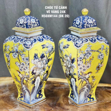 Bình hút tài lộc Bát Tràng chóe tứ cảnh vẽ vàng