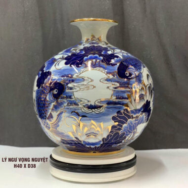 Bình hút tài lộc Bát Tràng vẽ vàng Lý ngư vọng nguyệt