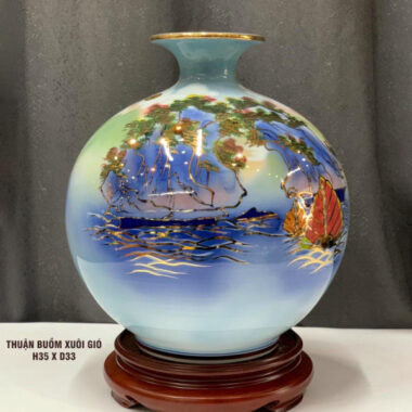 Bình hút tài lộc Bát Tràng xanh lam thuyền buồm