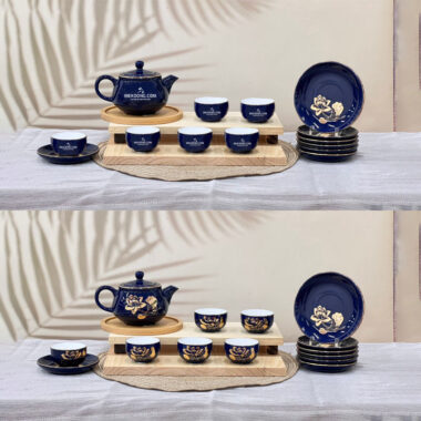 Bộ ấm trà dĩa lót xanh dương vẽ vàng hoa sen in logo Mekoong