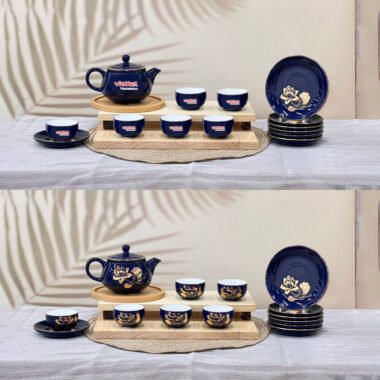 Bộ ấm trà dĩa lót xanh dương vẽ vàng hoa sen in logo Viettel
