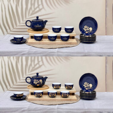 Bộ ấm trà dĩa lót xanh dương vẽ vàng hoa sen - logo Mekoong