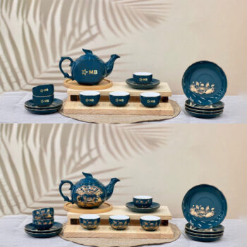 Bộ ấm trà dĩa lót xanh ngọc vẽ vàng hoa sen – logo MB ATILGMK76